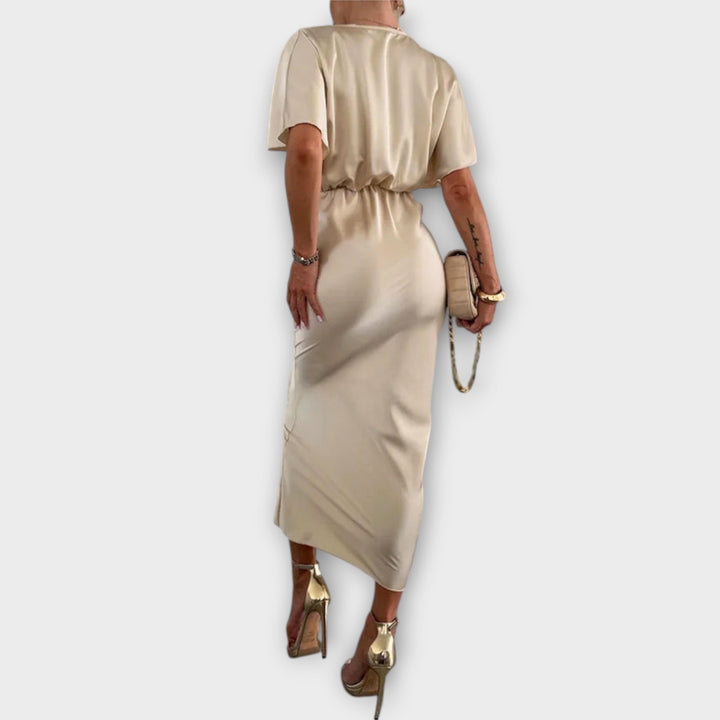 Sable - Solid Satin V-Neck Cross Knot Slim Fit Maxi Dress