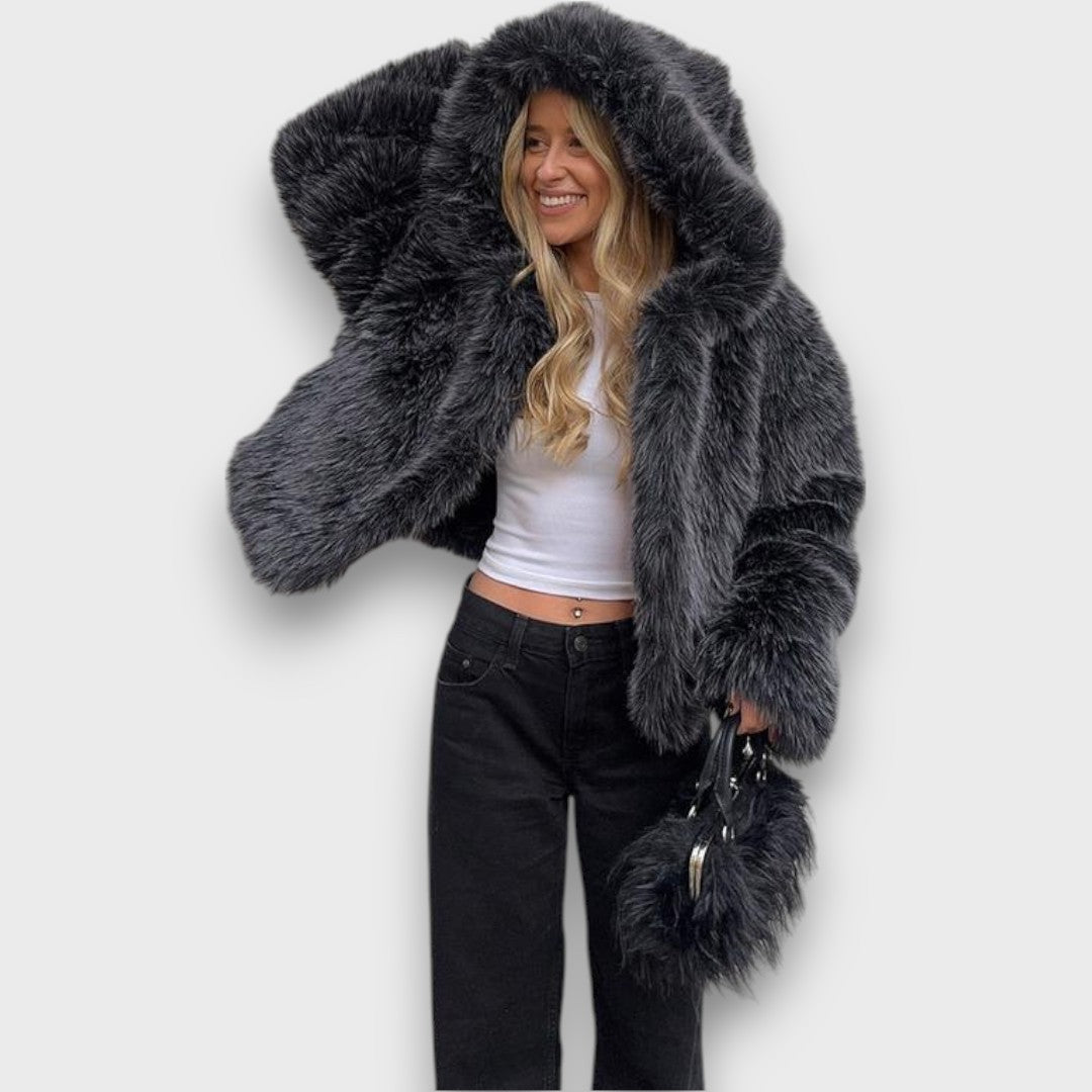 Leyana | Oversized Faux Fur JacketWith Hood In Smoke Gray
