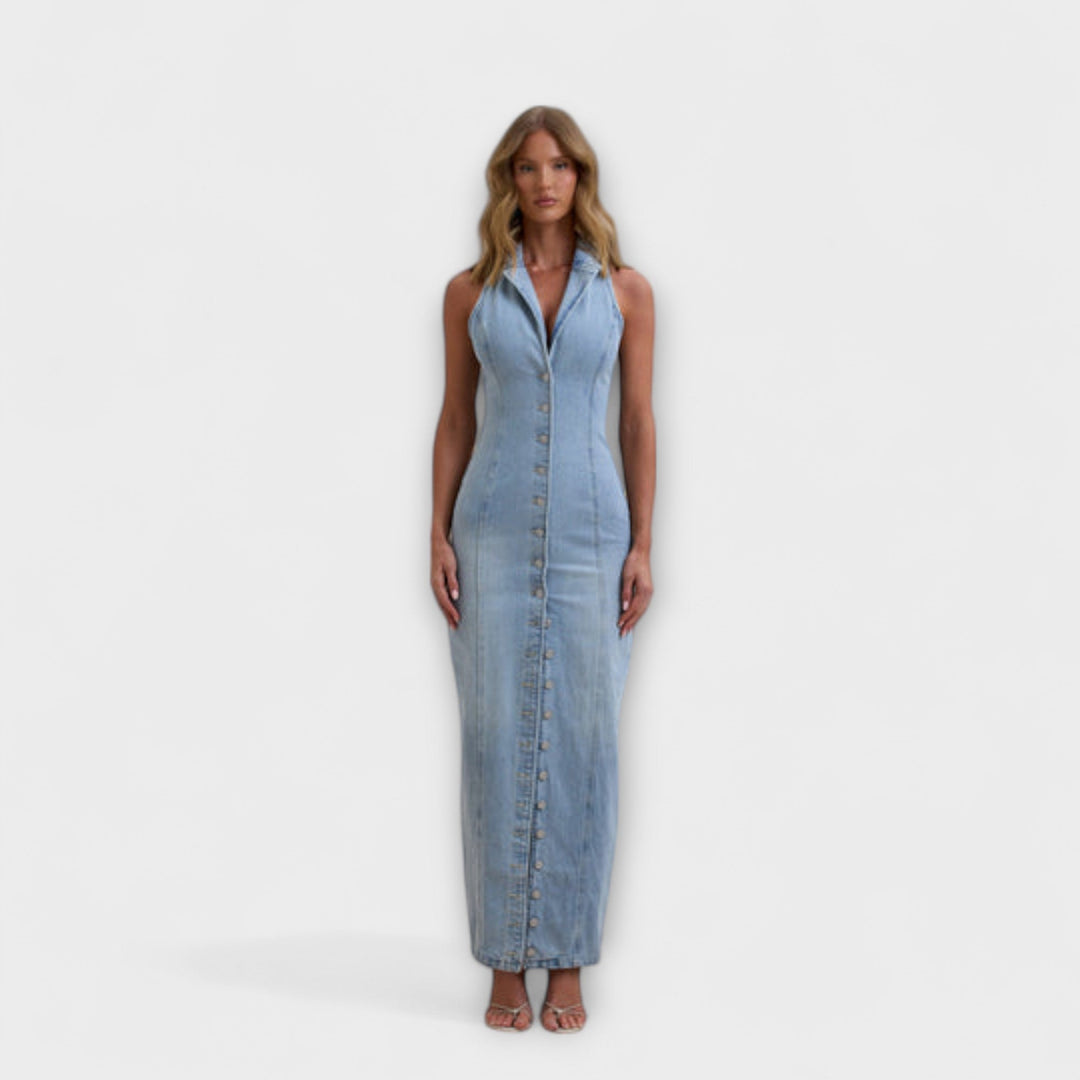 Lacey - Mid Wash Denim Maxi Dress