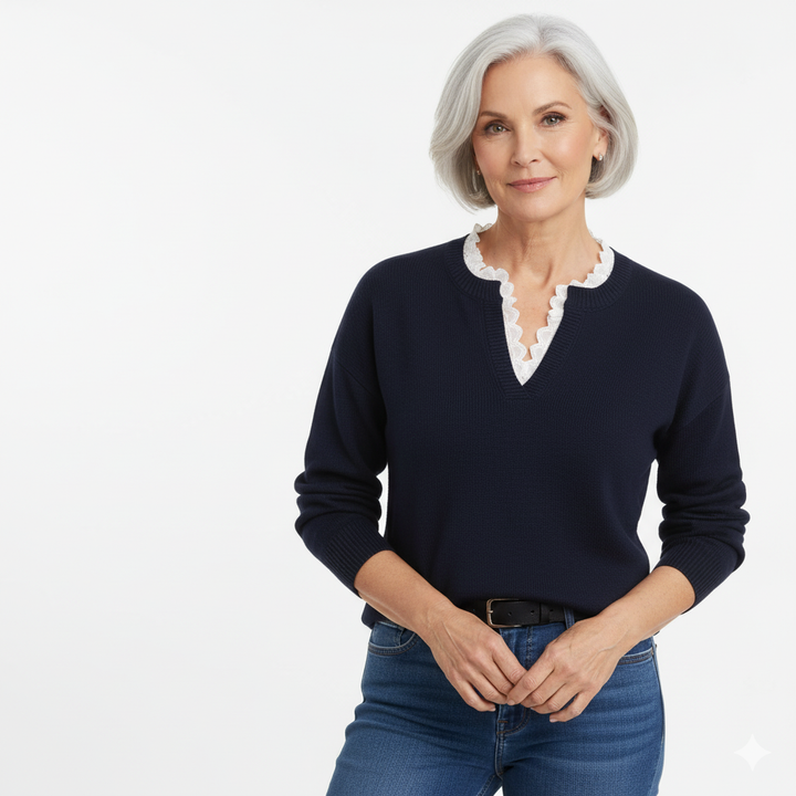 Céline | Pull Tricoté Chic avec Col en Dentelle Élégante