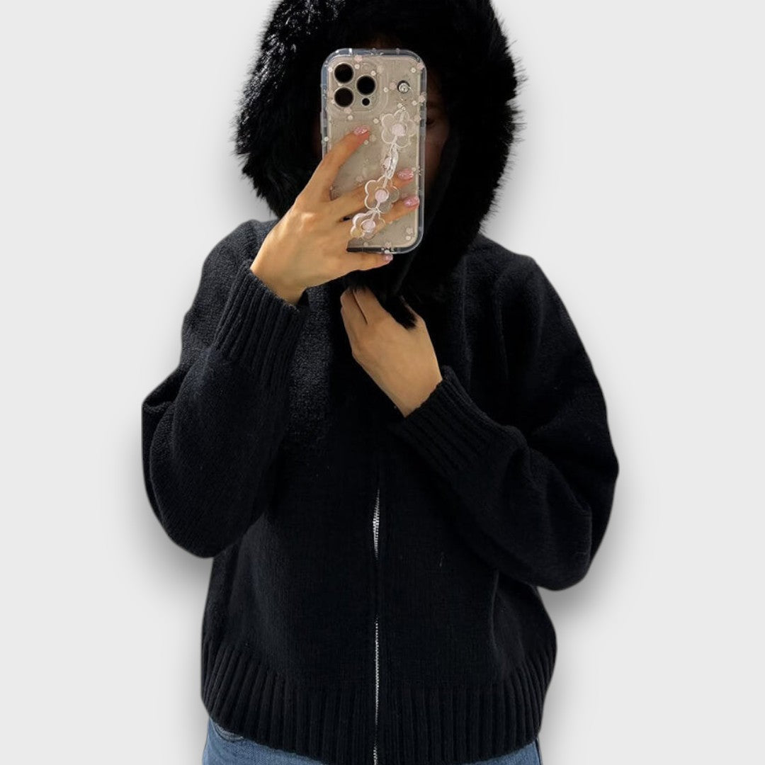 Alisanne – Knit JacketWith Zipper And Faux Fur Collar