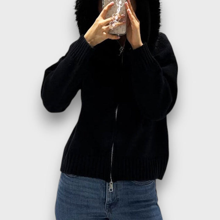 Alisanne – Knit JacketWith Zipper And Faux Fur Collar