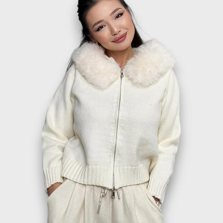 Alisanne – Knit JacketWith Zipper And Faux Fur Collar