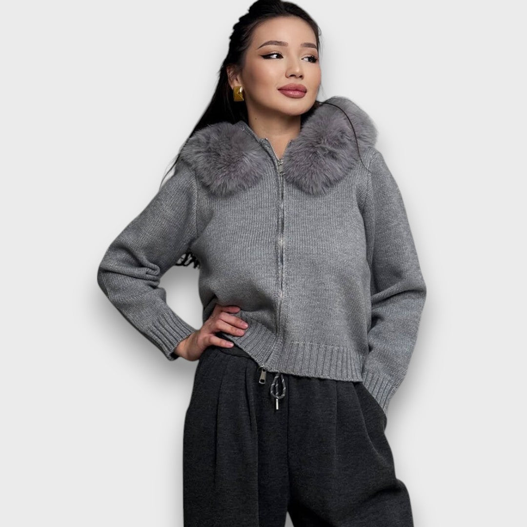 Alisanne – Knit JacketWith Zipper And Faux Fur Collar