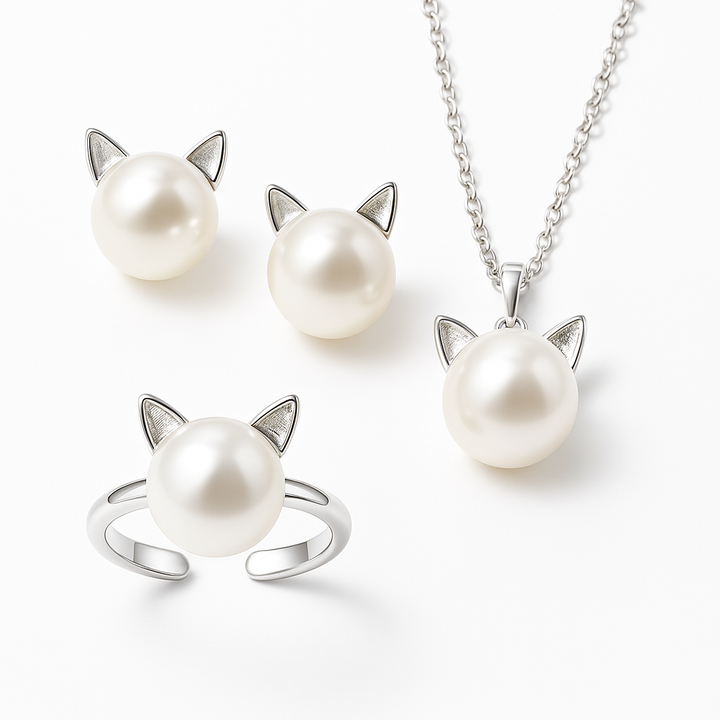 Magnifique Collier Chat en Perles avec Boucles d'Oreilles et Bague Bonus