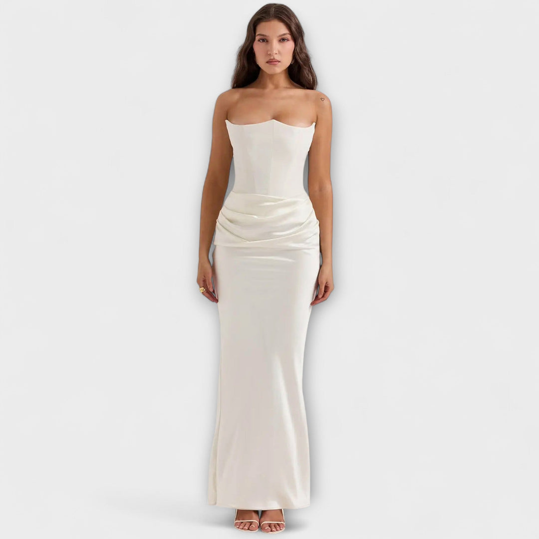 Off-the-Shoulder Satin Maxi Dress with Draping